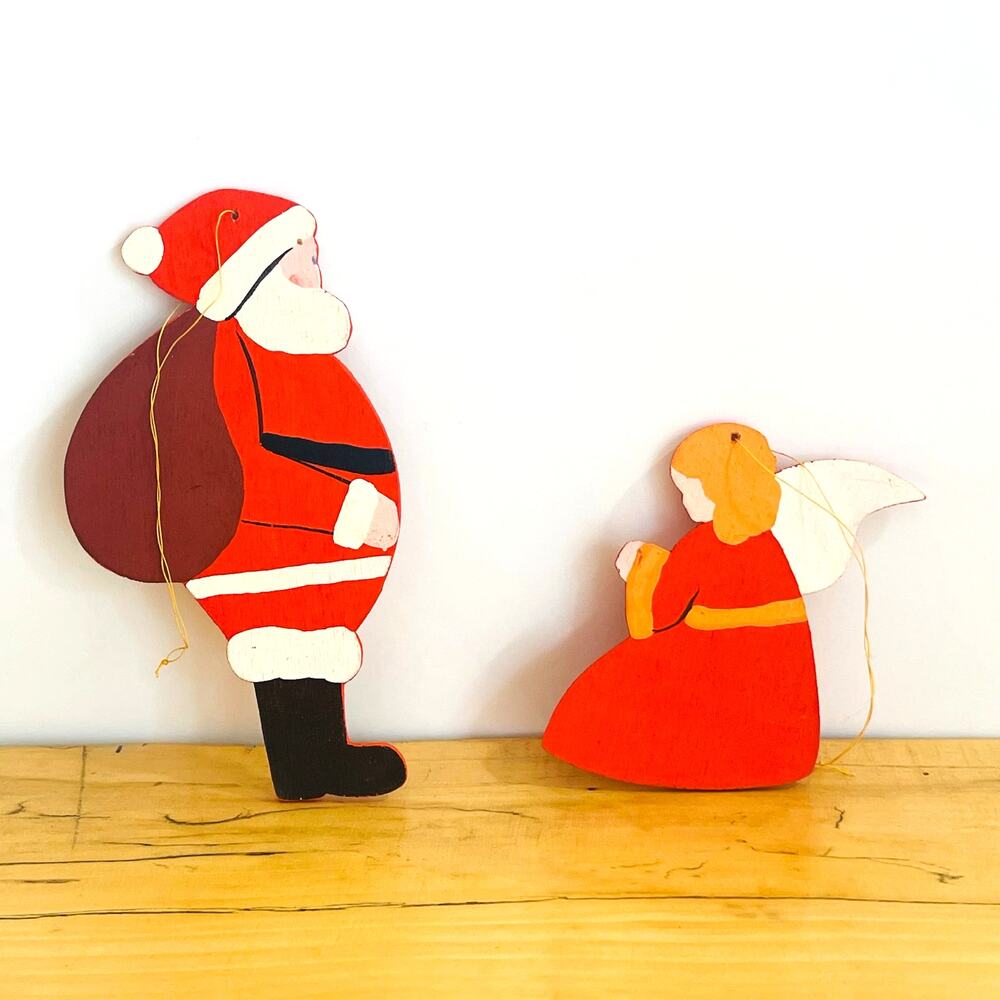 Vtg MCM W. Germany Wood Santa & Angel Christmas Ornaments Gift Topper Handmade